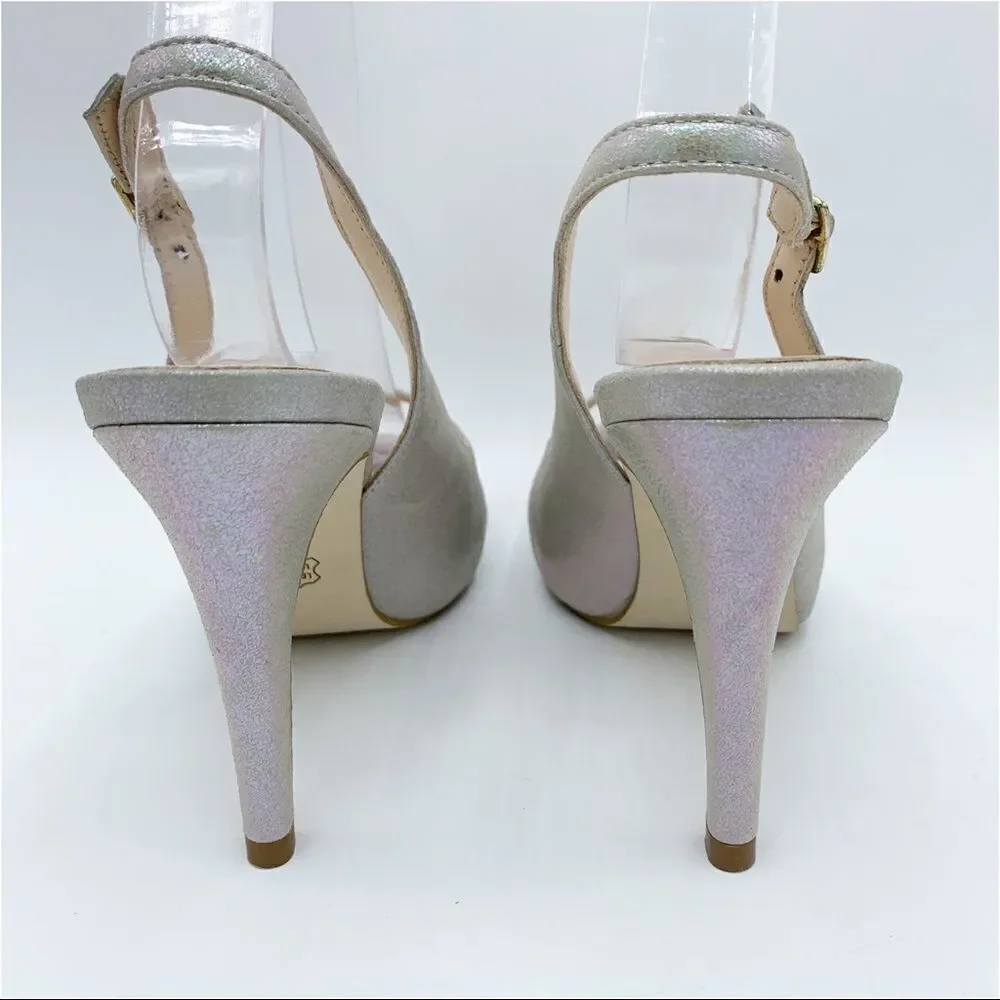 Lulu Townsend‎ Tara Iridescent Silver Sling Back Peep Toe Platform Evening Heels